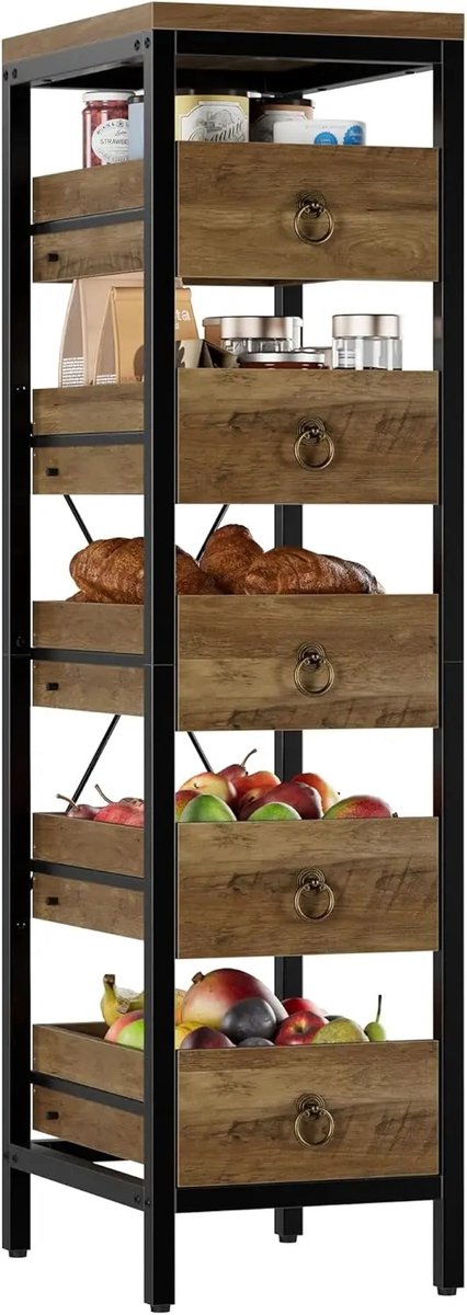 Bresht Smalle Opbergkast - Opbergrek - 5 Uittrekbare Laden - Stevig - Metaal & Houtlook - Industrieel - 40 x 30 x 114 cm