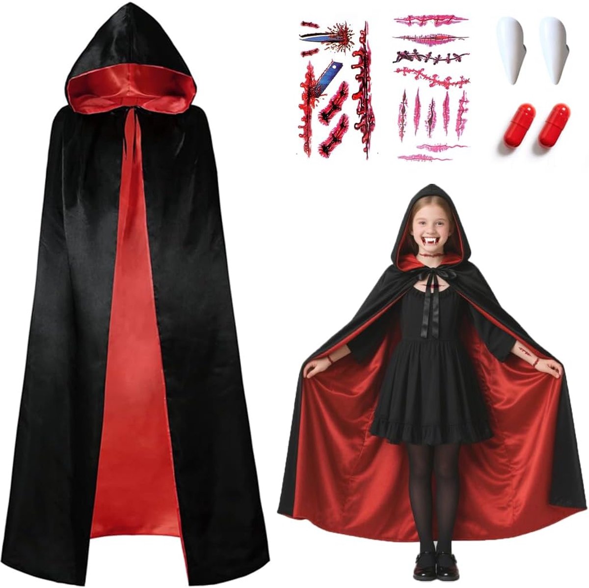 Halloween vampierkostuum, aan beide zijden rood-zwarte cape met capuchon, vampiertanden en nepbloed & littekenstickers, Cape Dracula kostuums kinderen volwassenen voor Halloween carnaval