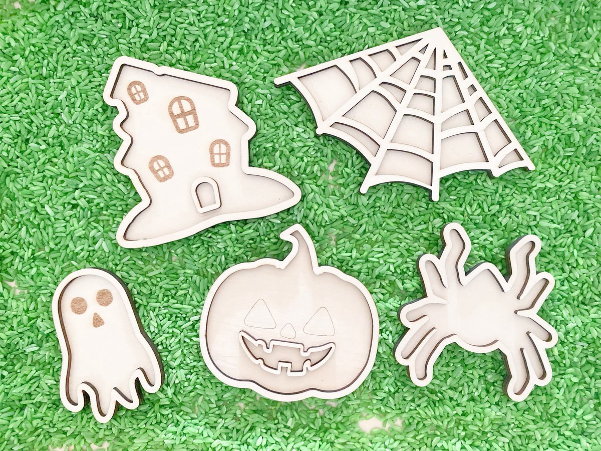 Villa Hip Halloween vulvormen set - 5 Stuks - Hout - Sensorisch speelgoed l Open einde l Speeltray - Spin, Spook, Huis, Spinnenweb, Pompoen