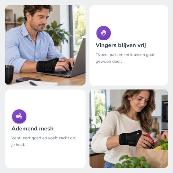 Man met duimbrace op laptop, vrouw met duimbrace doet boodschappen. Ademende mesh stof.