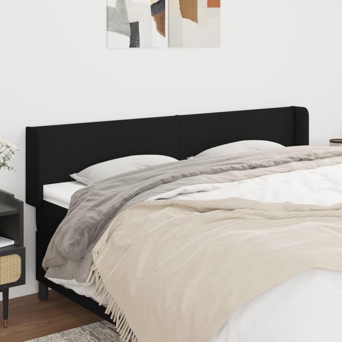 Hoofdbord met oren, zwart, 163 x 16 x 78/88 cm, stoffen hoofdeinde voor de slaapkamer, hotelhoofdeinde, werkkamer, voor slaapkamer, tweede slaapkamer, hotel