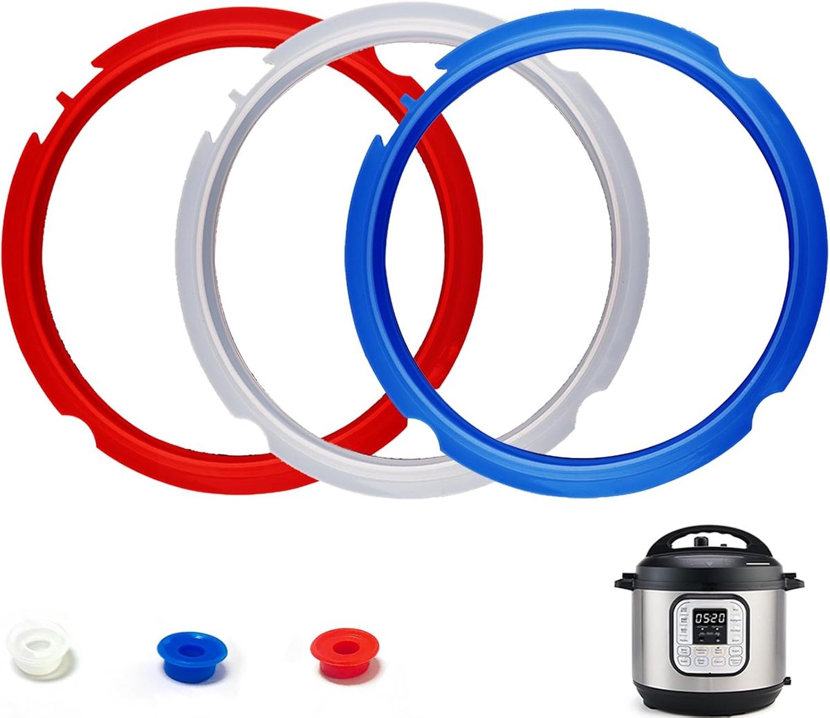 3 stuks afdichtingsring past op 3 Qt Instant Pot, met 3 kleuren (rood, helder en blauw) - vervangende siliconen pakkingafdichting voor 3 kwart instapot druk, IP-LUX Mini 3 qt, IP DUO Plus 3Qt