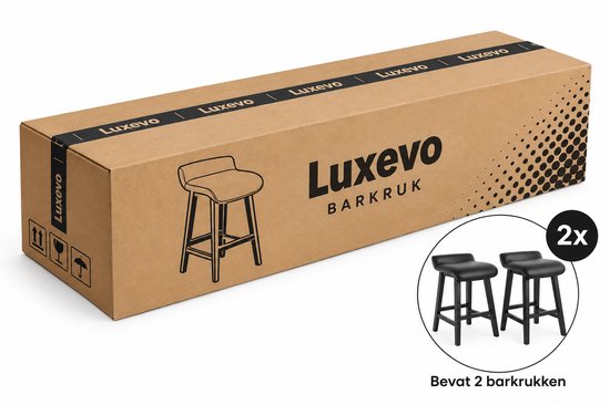 Verpakking van Luxevo met een illustratie van een barkruk en een afbeelding van twee barkrukken. "Bevat 2 barkrukken".