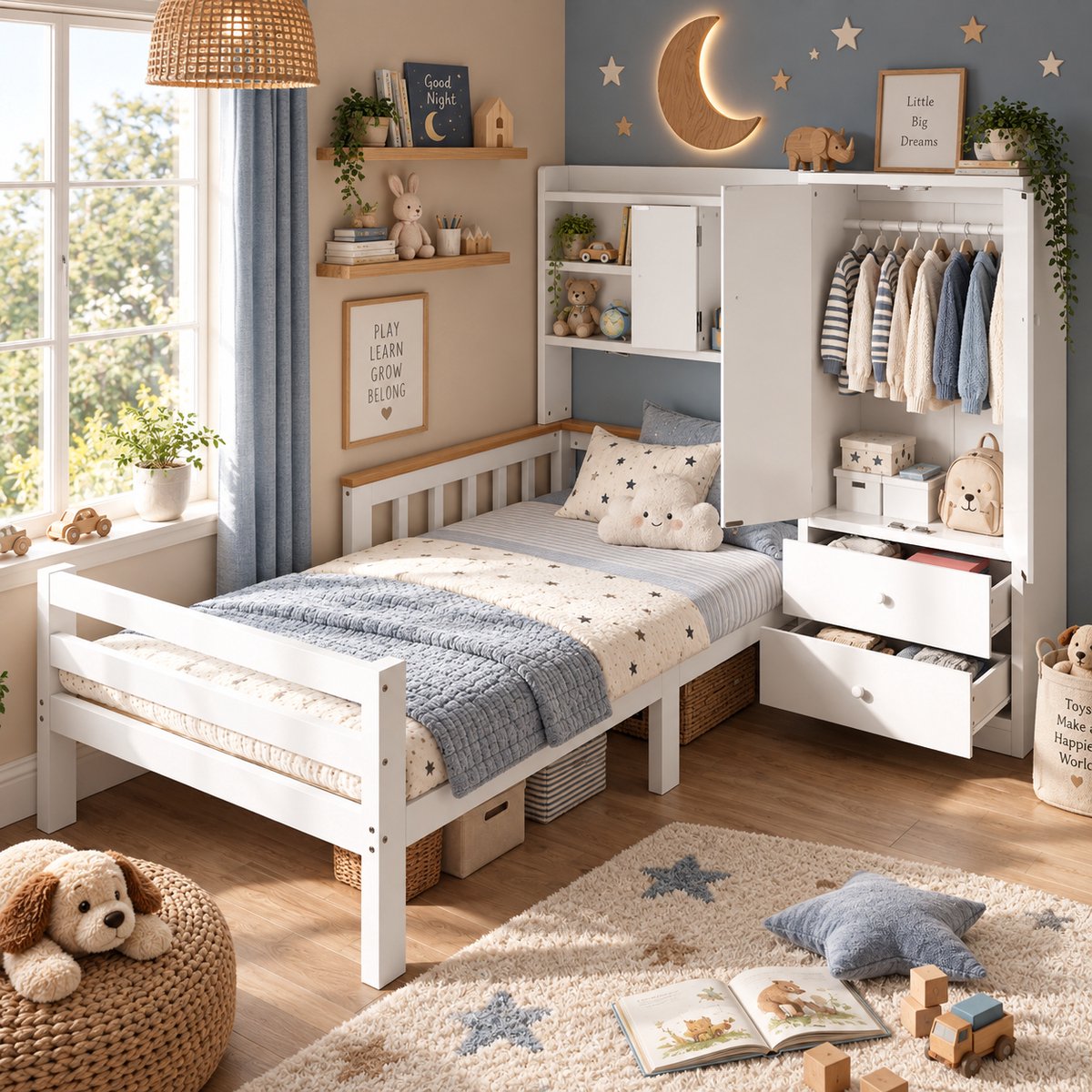 Welltin Kinderbed 90x200 cm - Eenpersoonsbed - Eenpersoonsbed Met kledingkast - Multifunctioneel bed - Opbergbed - Met lades - Met Open schappen - Hout - Stevige constructie - Bespaar ruimte - Wit