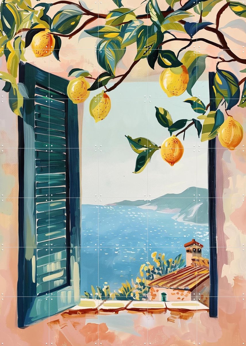 IXXI Lemon Window, Branka Kodžoman - 100 x 140 cm - Gratis ophangtool - Grote wanddecoratie en posters - Kwaststreken, Modern, Kleurrijk, Woonkamer