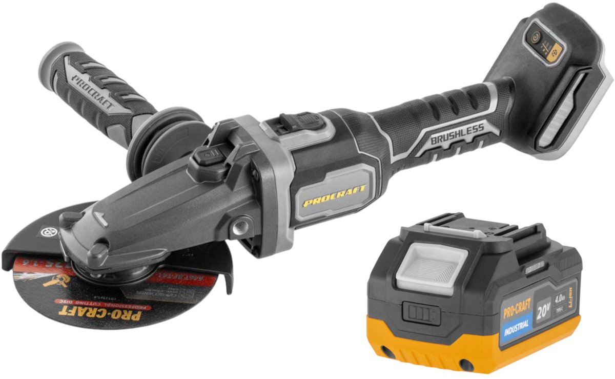 Procraft Industrial AG125Cbb accu-haakse slijper met platte kop 20 V 125 mm borstelloos Solo - zonder accu, zonder oplader