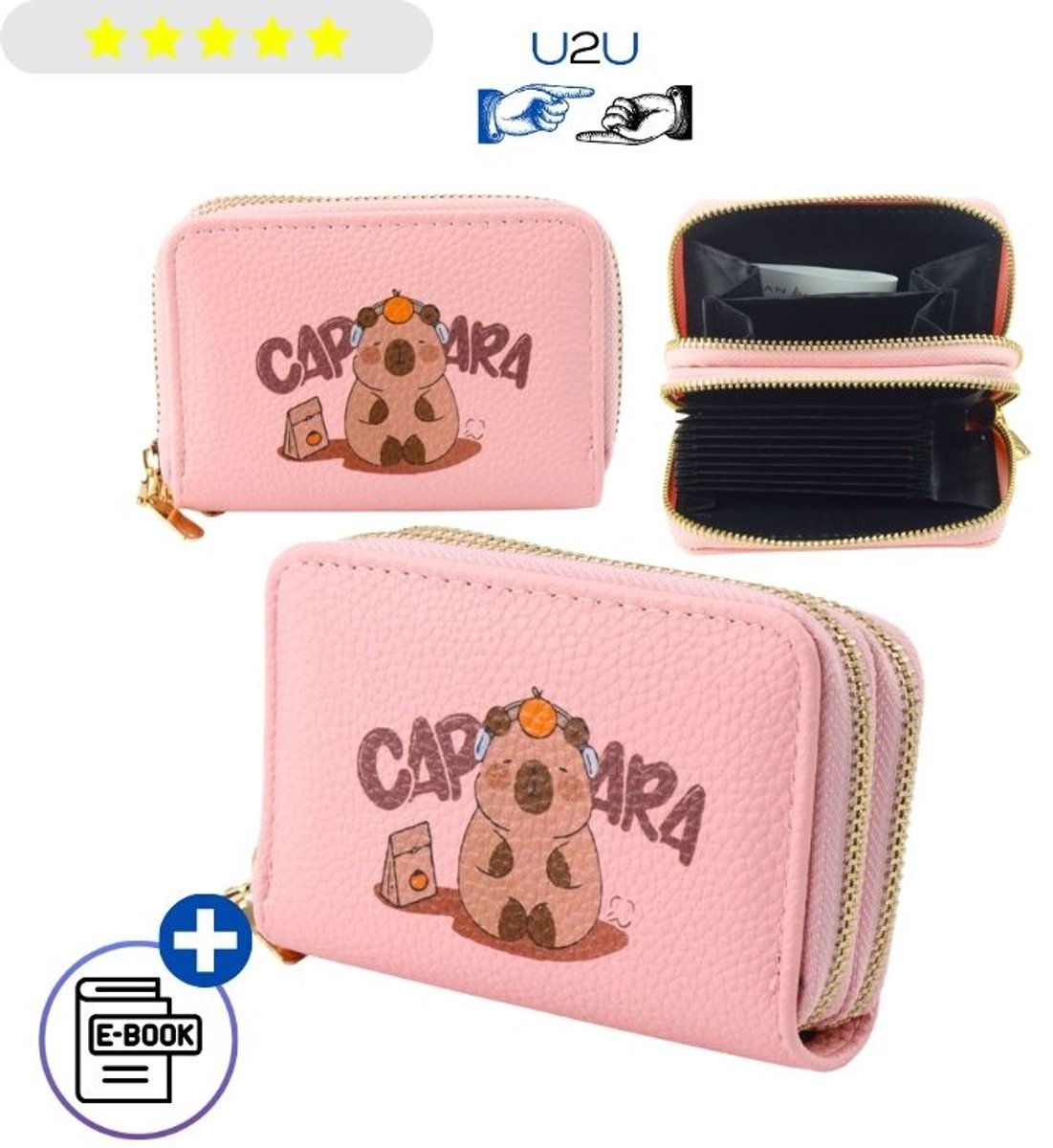 Roze Capybara Portemonnee 2 Vakken voor Kinderen, Dames & Heren – Dubbele Rits, Kaartenhouder, Muntgeldhouder, Compacte Wallet met Schattig Design voor Pasjes, Briefgeld & Munten, Cadeau – Met Ebook