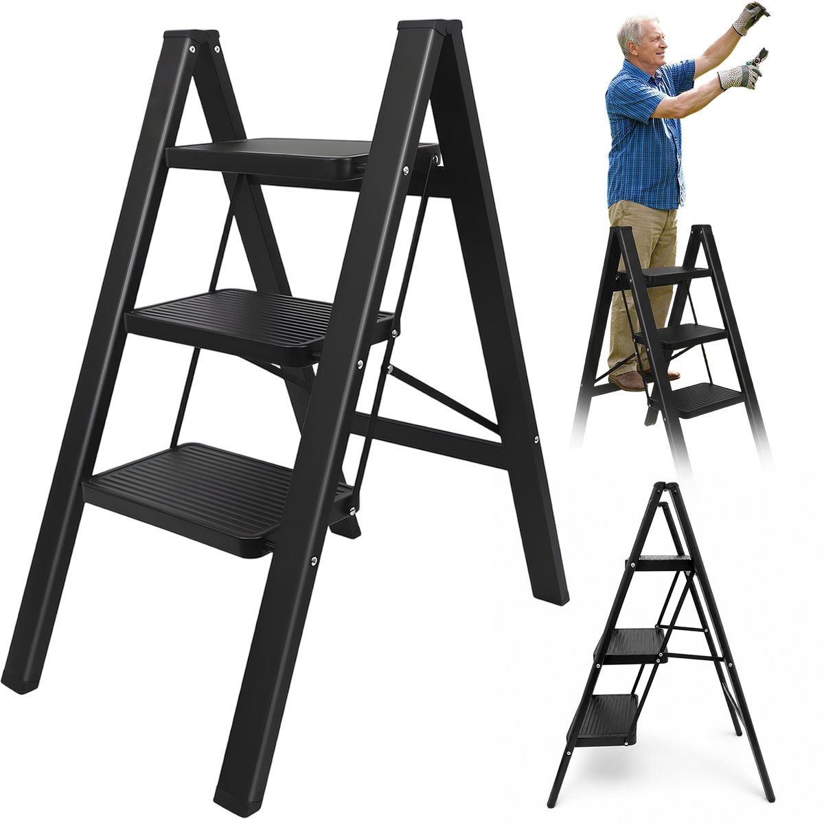 Huishoudtrap 3 Treden - Keukentrap Inklapbaar - Opvouwbare Ladder - Trapladder - 81,3x68,5x43cm - 150kg - Antislip - Stevig Metalen Frame - Ruimtebesparend - Voor Thuis & Tuin & Garage & Kantoor - Zwart