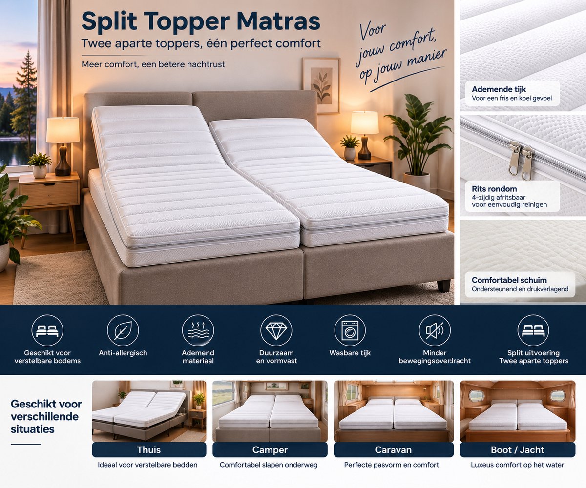FITBERTH 140x200x8 SPLIT Topper - Medium - HY33 - Premium - Orthopedisch Verantwoord - Ventilerend - Ergonomische Ondersteuning - Afritsbaar - Wasbaar wit