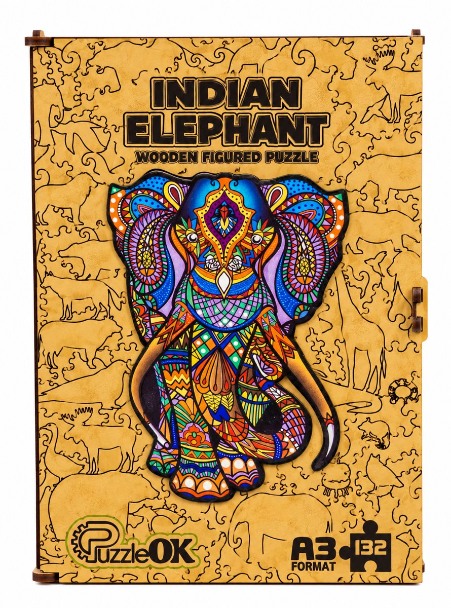 PuzzleOk Indian Elephant – Houten Legpuzzel – A3 – 132 Stukjes – Houten Bewaardoos