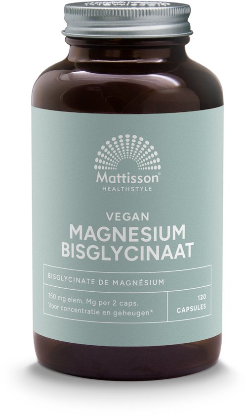Mattisson Healthstyle Vegan Magnesium Bisglycinaat 120 capsules in bruine fles. Label met blauwgroene achtergrond en witte tekst.