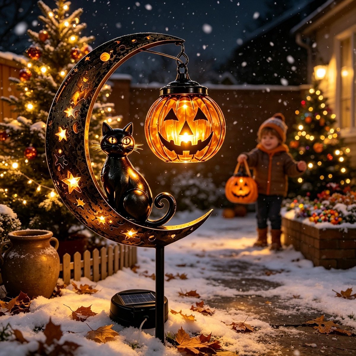Halloween Solar Tuinpaal Lamp - Zwarte Kat op Halve Maan met Hangende Pompoen Lantaarn - Waterdichte LED Buiten Tuin Pad Verlichting - Spooky Tuin Decoratie Ornament voor Halloween Feest