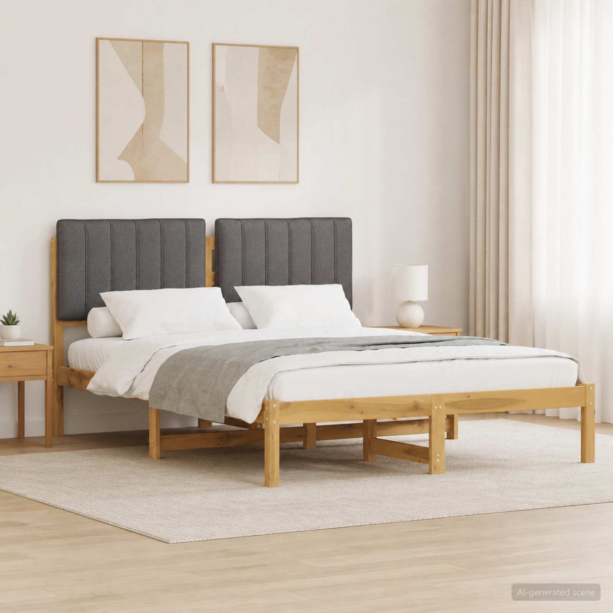vidaXL Bedframe - met - gestoffeerd - hoofdbord - Whitewash - en - lichtgrijs Whitewash en lichtgrijs