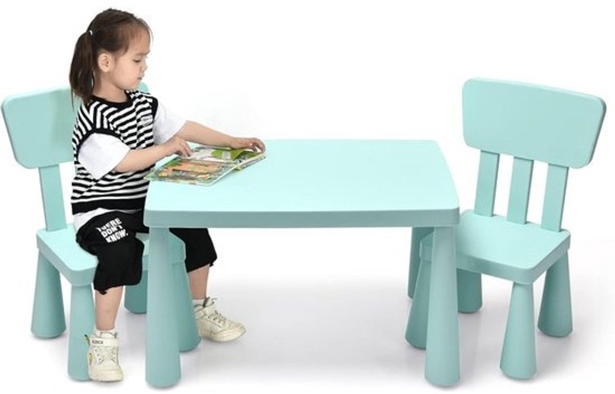 Kindertafel met 2 stoelen - kunststof set met rugleuning - speeltafel blauw roze