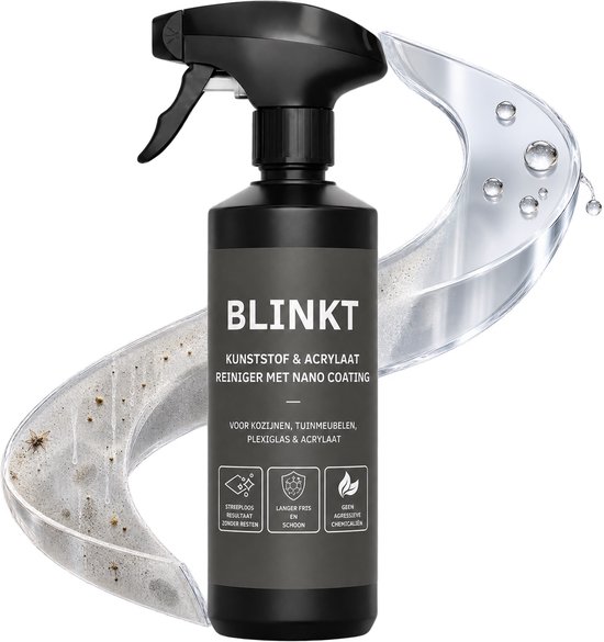 Fles BLINKT kunststof reiniger met nano coating, met een grafische weergave van reinigende kracht.