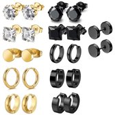 12 paar Zwarte en goudkleurige oorbellen set voor heren – oorringen en oorstekers met ronde en vierkante stenen – moderne metalen oorbellen set in diverse stijlen