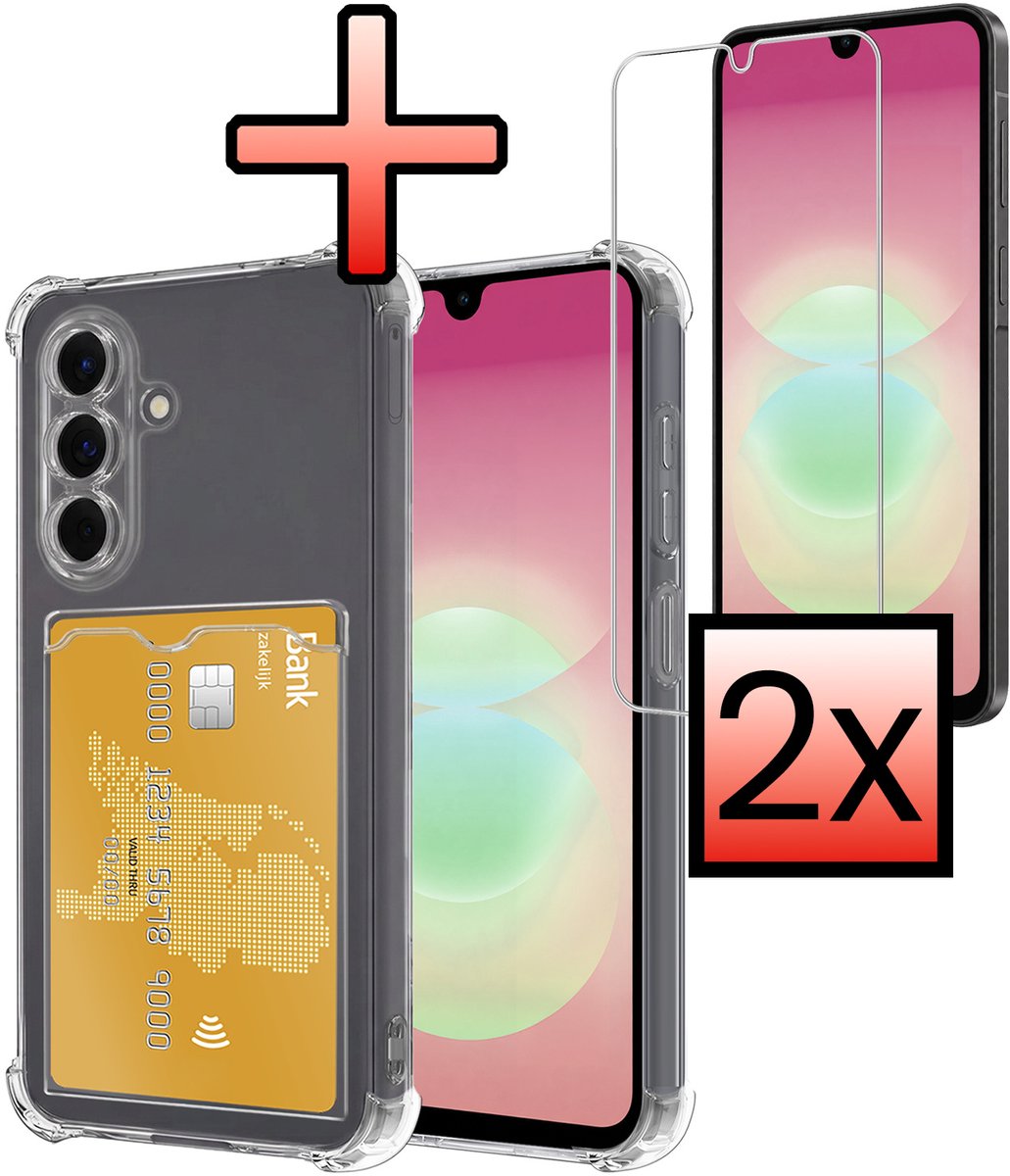 Hoesje - Geschikt voor Samsung Galaxy A18 - Met 2x Screenprotector - Pashouder - Kaarthouder - Telefoon Hoes Shockproof - Siliconen Case - Back Cover - Shock Proof - Pasjes Houder - Transparant