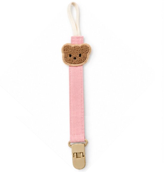 Roze speenkoord met een beige clip en een zachte teddybeer applicatie.