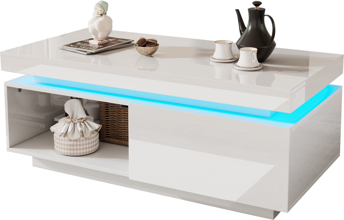 Salontafel - Hoogglans - LED-verlichting - Lade met Opbergruimte - Draagvermogen 50 kg - 100 x 50 x 40,3 cm - Wit