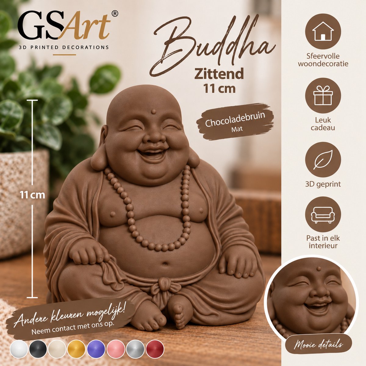 GSArt Decoratief Beeld Buddha Zittend – 11 cm – 3D Geprint Boeddha Beeld – Woondecoratie - Chocoladebruin