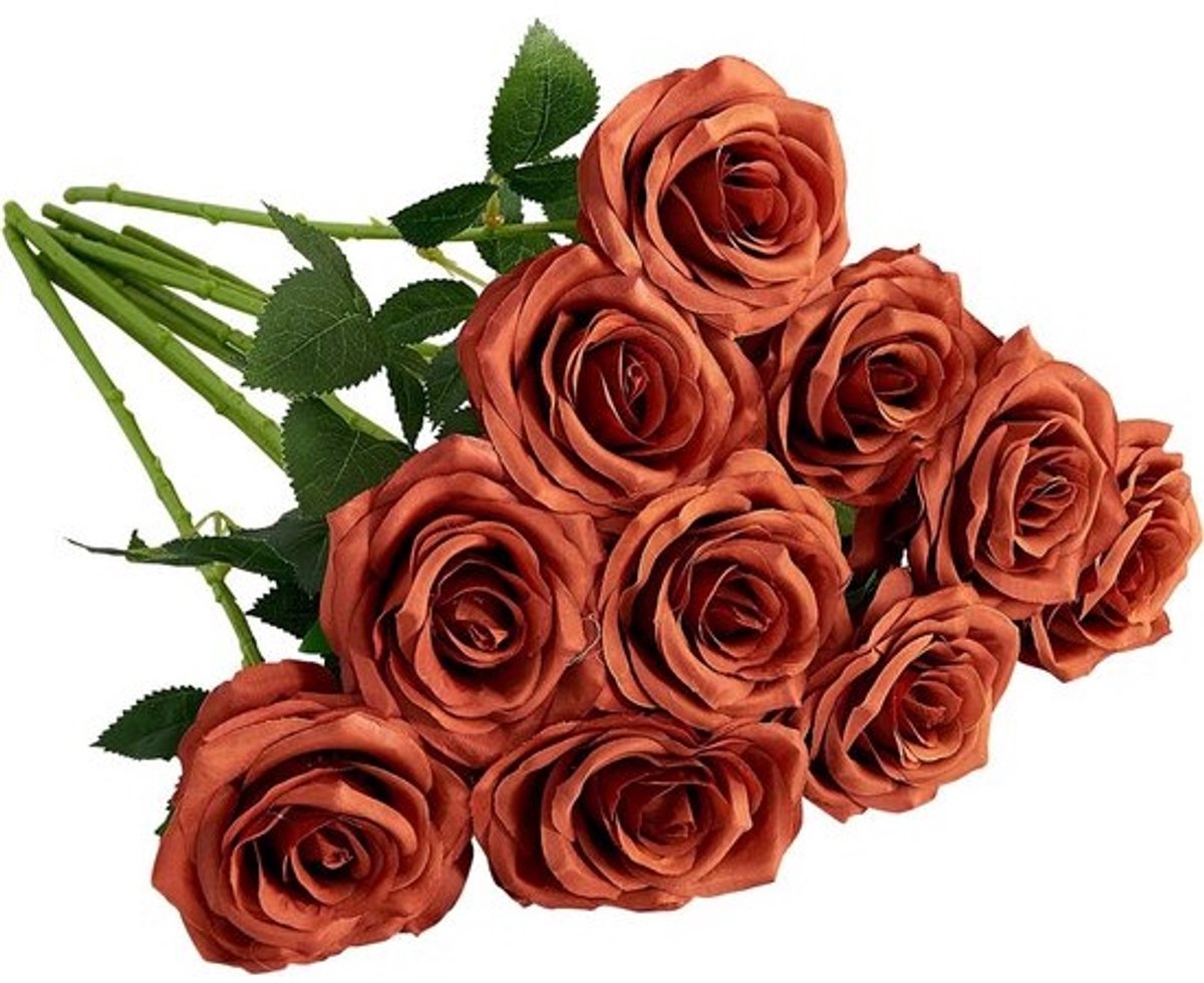Boeket met 10 zijden rozen - Kunstbloemen - Lange stelen - Voor bruiloft en decoratie - Brandend oranje