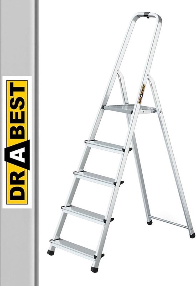 Aluminium huishoudladder - trapladder - met veiligheidsrail - voor huishoudelijke taken - werkplatform - antislip - 5 treden - grijs