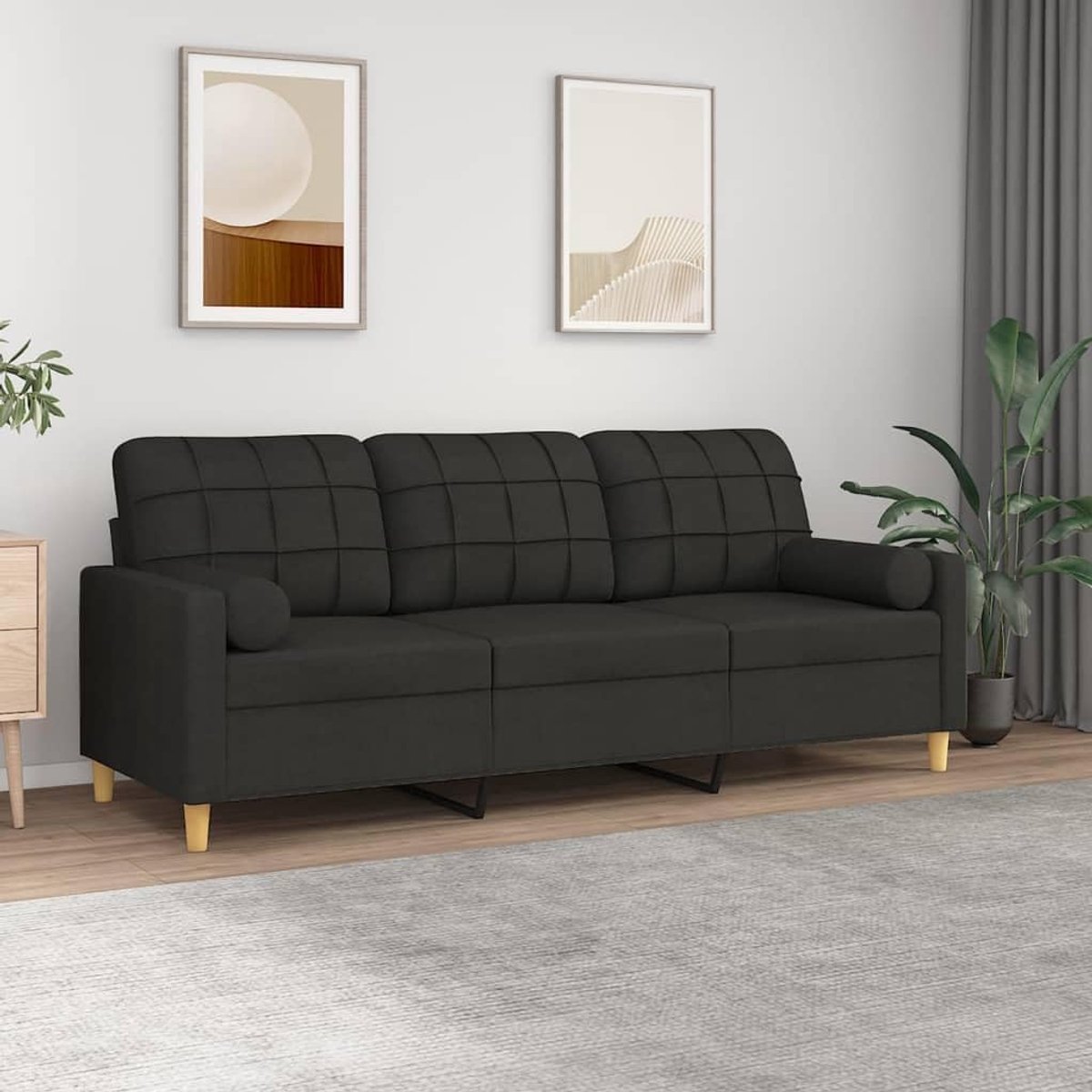 3-zitsbank met sierkussen 180 cm in zwart van duurzame stof en robuust metalen frame, commode, relaxstoel, afneembare hoezen voor eenvoudige reiniging, comfortabel