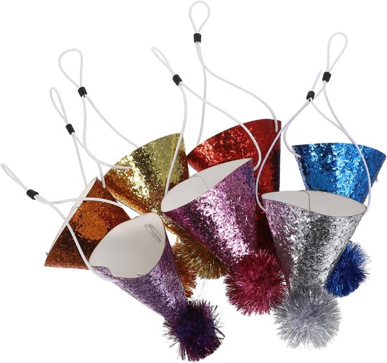 7 Stuks Delige Glitter Feestmuts voor Jongen Meisje Kleurrijke Mini Kegelhoedjes met Pompons voor Verjaardagsfeestjes Fotoshoots Feestdecoratie Comfortabel met Elastische Band — afbeelding 2