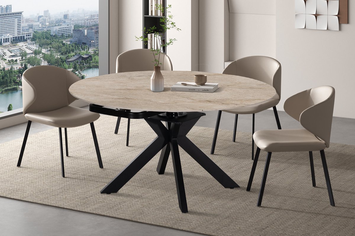 Uitschuifbare Eettafel Athéna 140 x 90 cm – Rond Ø140 cm – Beige Steenlook- Zwart Metalen Onderstel