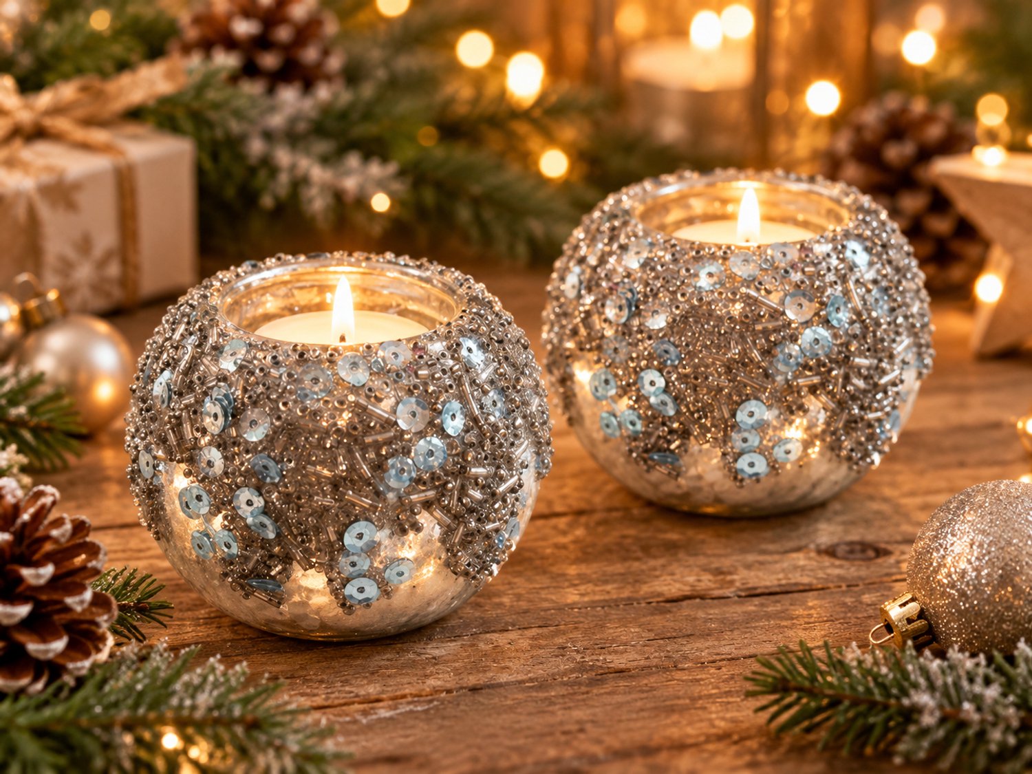 ZoeZo Design 2 stuks - waxinelichtjeshouder - kerst - kerstbalstyle - glas - zilver - blauw - 7 x Ø 9 cm - glitter blauw - grijs