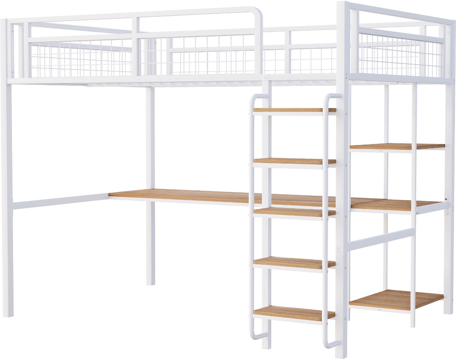 MUVANO Witte metalen hoogslaper 140x200 cm - Verhoogd bed met bureau en opbergplanken - Brede laddertreden en uitvalbeveiliging - Voor slaap- en werkkamer