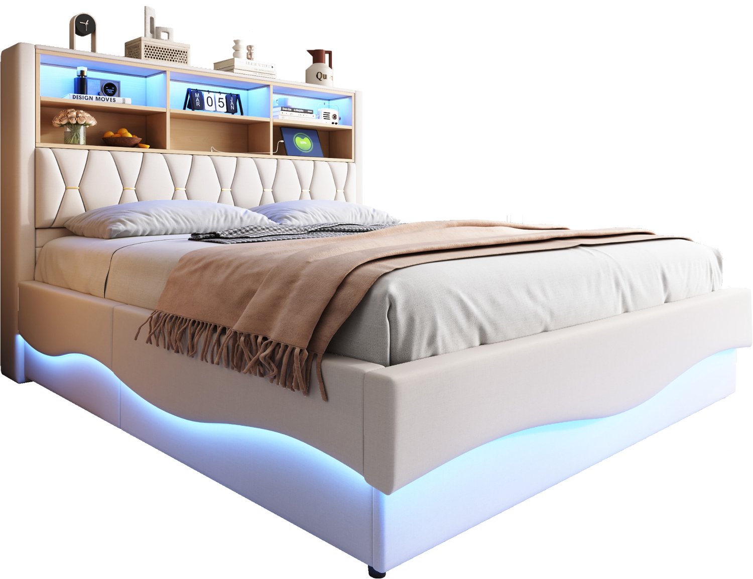 MUVANO Gestoffeerd bed 180 x 200 cm - hydraulische opbergruimte - app-bedienbare ledverlichting - metalen lattenbodem - beige linnen