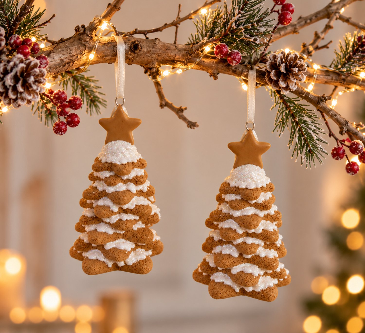 ZoeZo Design 6 stuks - Kersthanger - kerstboom - polyresin - L11,5 x Br6,5 x Ø 6,5 cm - zwaar ornament bruin - wit - glitter