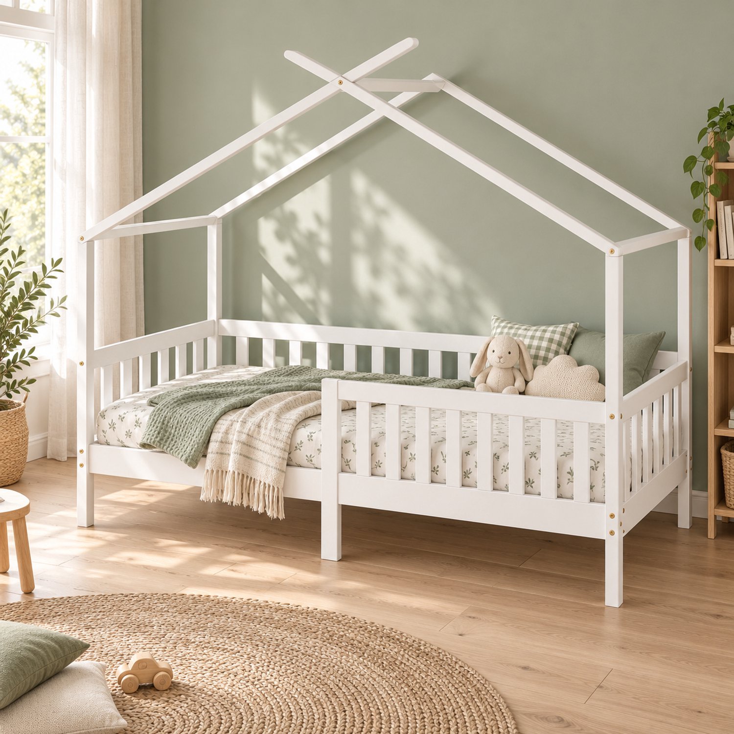 CHICFURN Kinderbed Huisbed 90 x 200 cm - Lattenbodem - Veiligheidshek - Wit