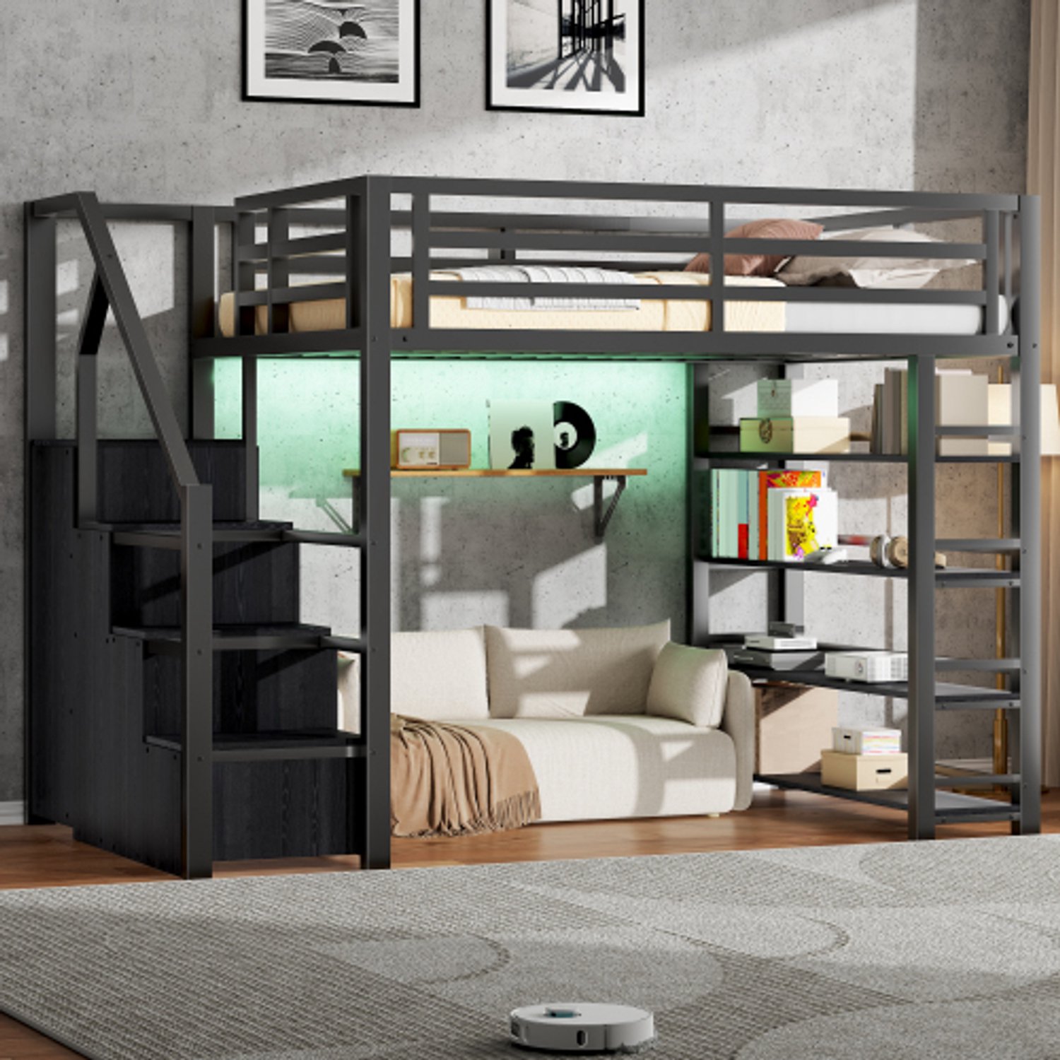 Zubaliya Kinderbed, Tweepersoonsbed, 140x200 Metalen hoogslaper met opbergvakken, kasten en kledingkast, LED-verlichting, Zwart