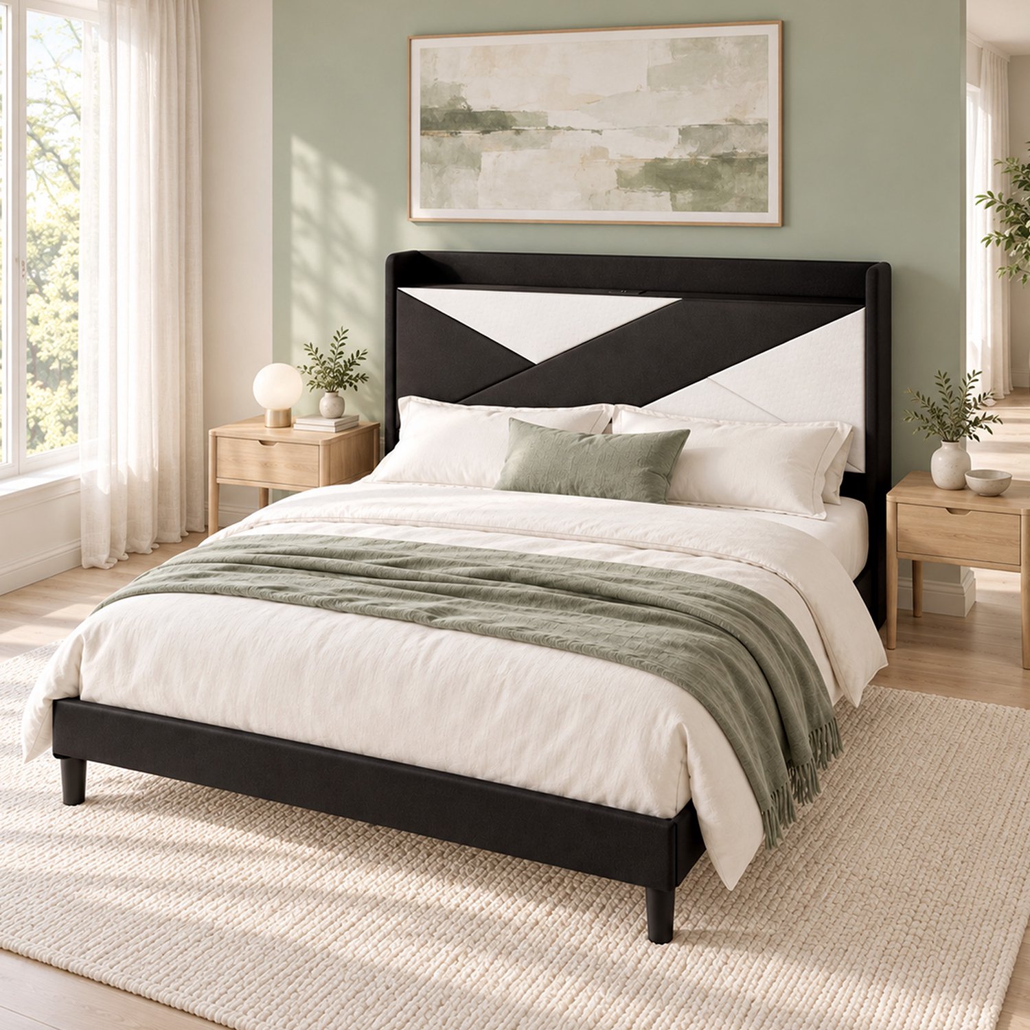 KUTAS Tweepersoonsbed 140x200 cm - 2 Persoons Bed - 2 USB-A + 1 USB-C Oplaadpoorten - Gestoffeerd Hoofdbord - Met Lattenbodem - Draagkracht 500 kg - Geluidsarm Ontwerp Kleuren mengen