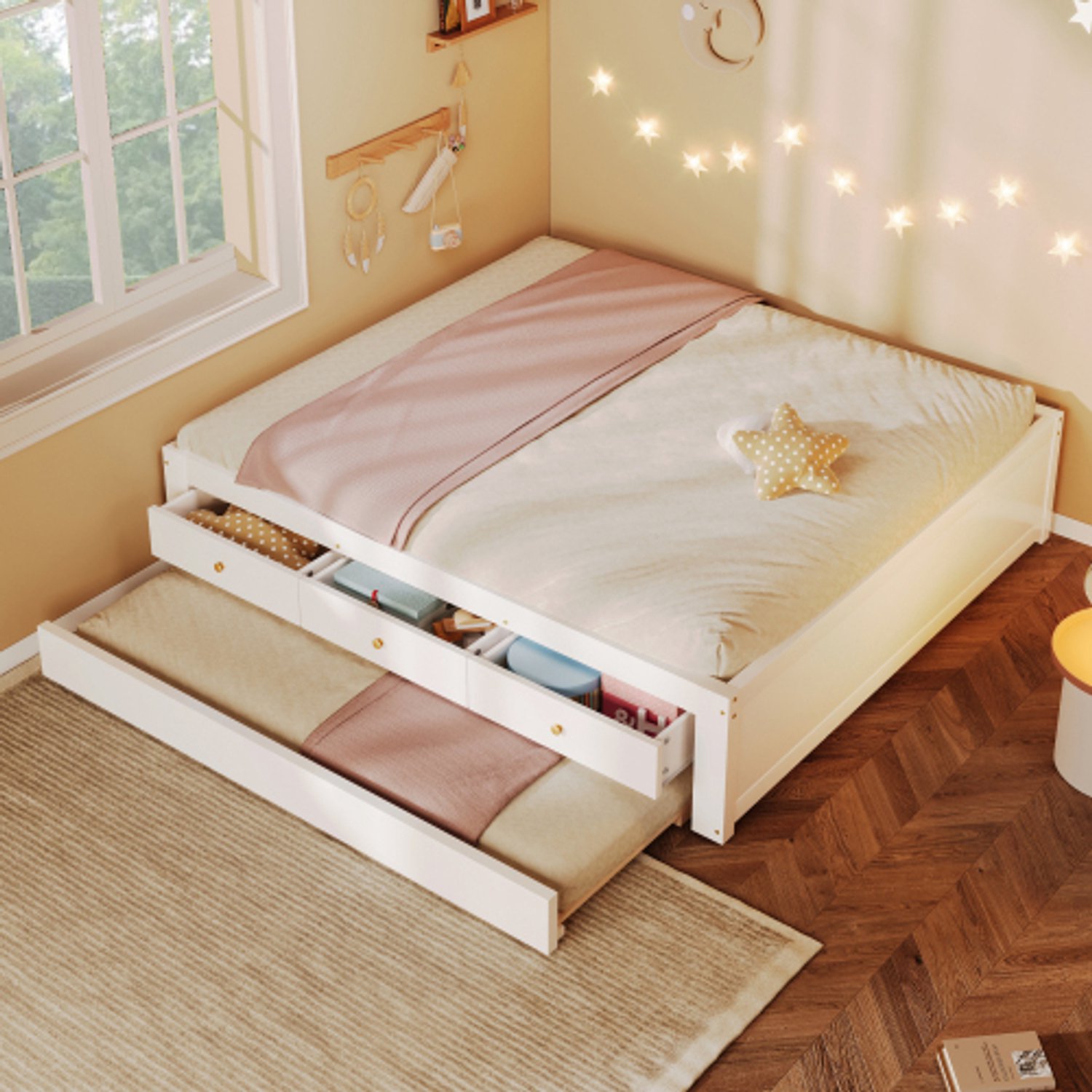 Zubaliya Kinderbed, Tweepersoonsbed, 140x200 cm Houten Bed Met 3 Lades En Uitschuifbaar Logeerbed, Wit