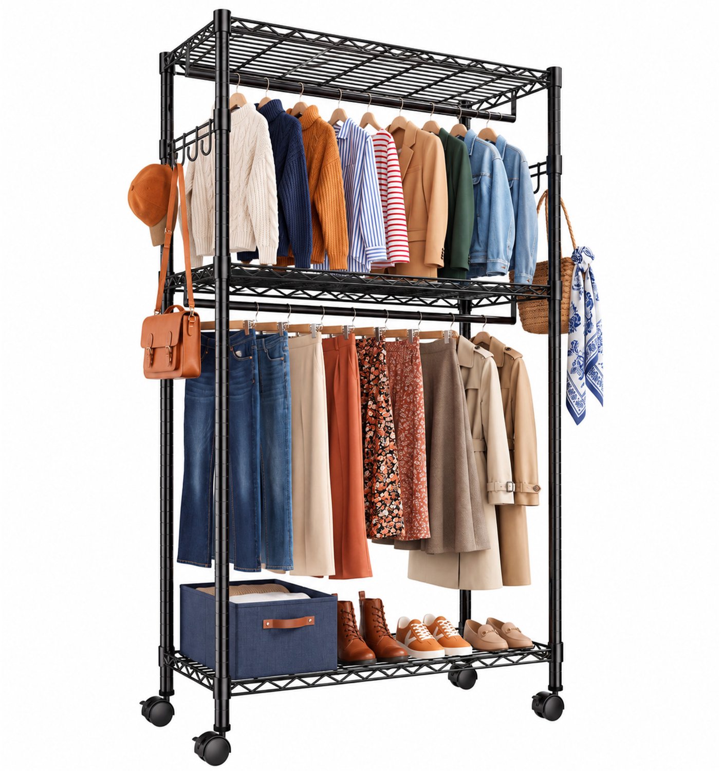 Hokeeper Kledingrek - Metalen Kledingrek met Dubbele Kledingstang - 90 x 40 x 200 cm - 1.8 m Dubbele Stang - 180 Kledingstukken - In Hoogte Verstelbaar - Kantelbeveiliging zwart