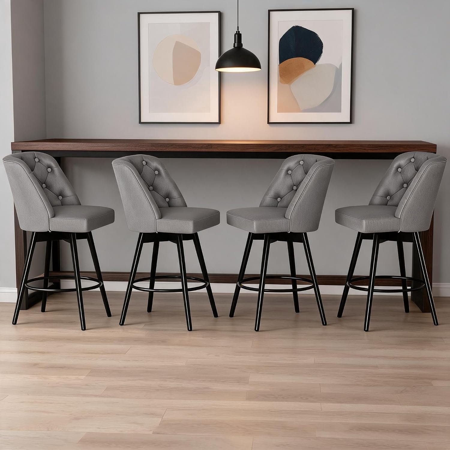 HOERFURIY Draaibare barkrukken set van 4 stuks, donkergrijs linnen bekleding, rugleuning, vlekbestendig, makkelijk op te bouwen