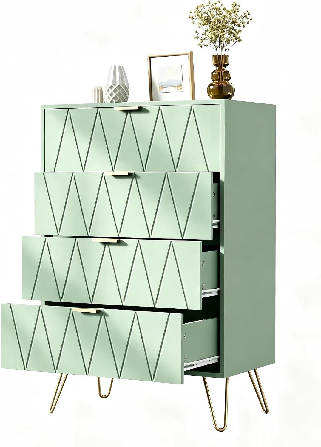 UEV Commode 4 Tiroirs, Meuble de Rangement, 60 x 34 x 91 cm, Groen Groente