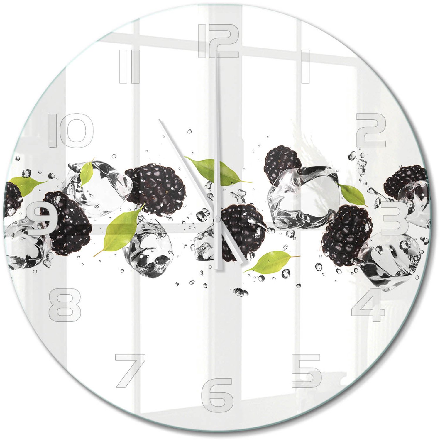 TULUP Wandklok - Zoete kersen en water Klok Glas Met Opdruk - fi60 cm - Zwart Moderne Wandklok Glas - Witte handen - Ronde Klok - Decoratieve Glazen Klok - Glazen Wandklok Design