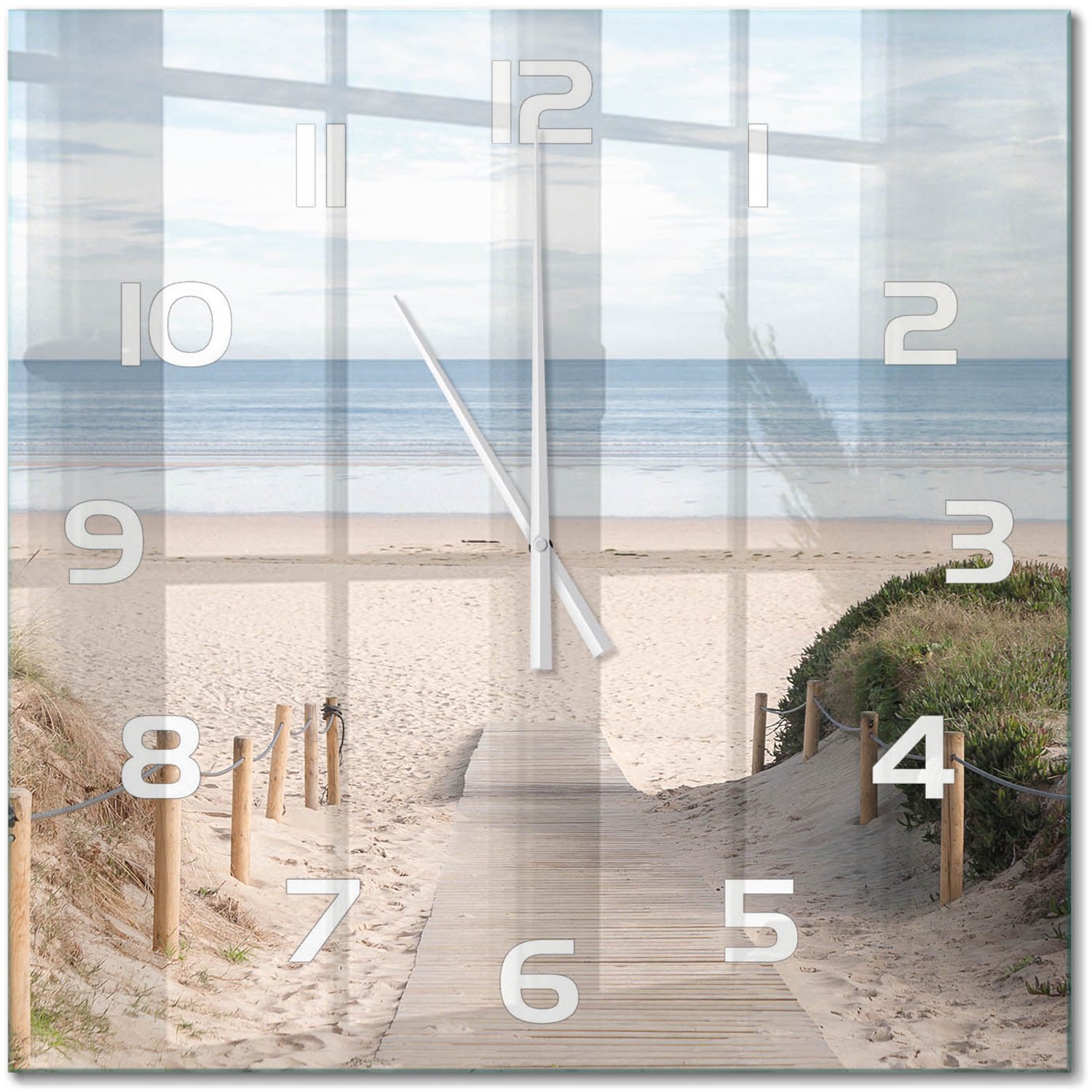 TULUP Wandklok - De weg naar het strand Moderne Wandklok Glas - 60x60 cm - Beige Wandklok Glas Decoratie - Witte handen - Vierkante Klok - Glazen Wandklok Design - Klok Glas Met Opdruk