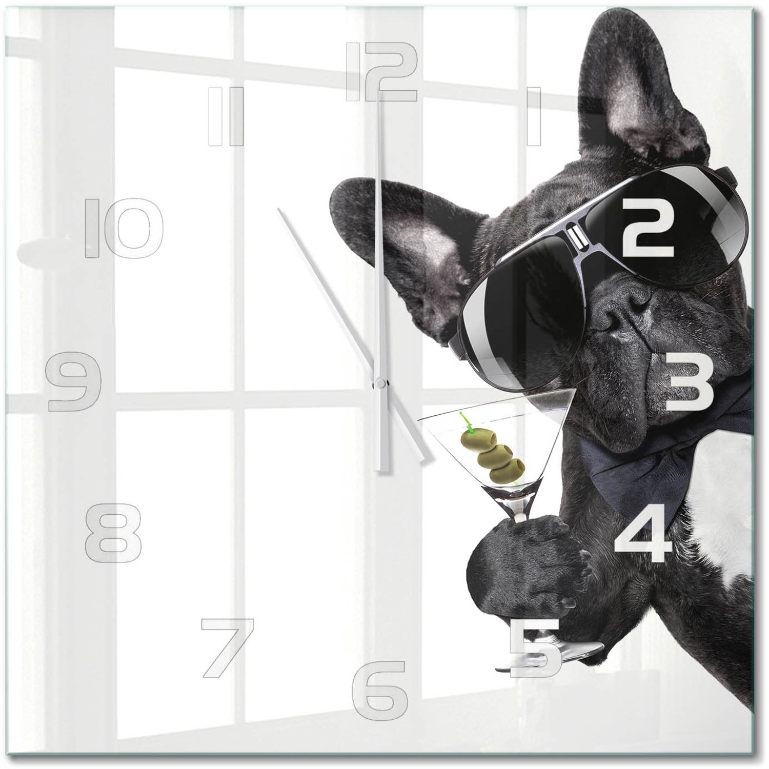 TULUP Wandklok - Martini Dog Gekleurde Glazen Klok - 60x60 cm - Zwart Glazen Klok Met Print - Witte handen - Vierkante Klok - Moderne Wandklok Glas - Wandklok Glas Decoratie