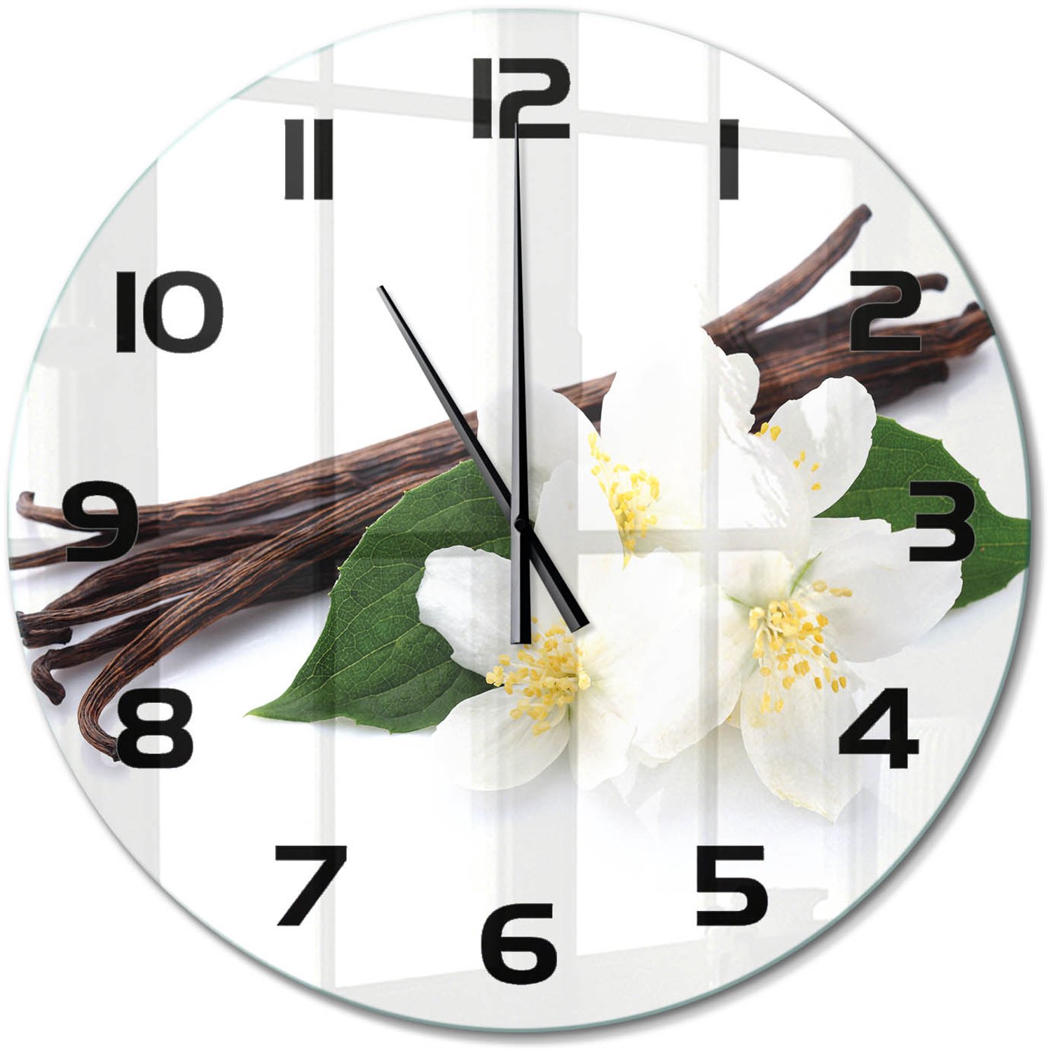 TULUP Wandklok - Jasmijn en vanille Wandklok Glas Met Motief - fi60 cm - Bruin Decoratieve Glazen Klok - Zwarte handen - Ronde Klok - Gekleurde Glazen Klok - Glazen Klok Met Print