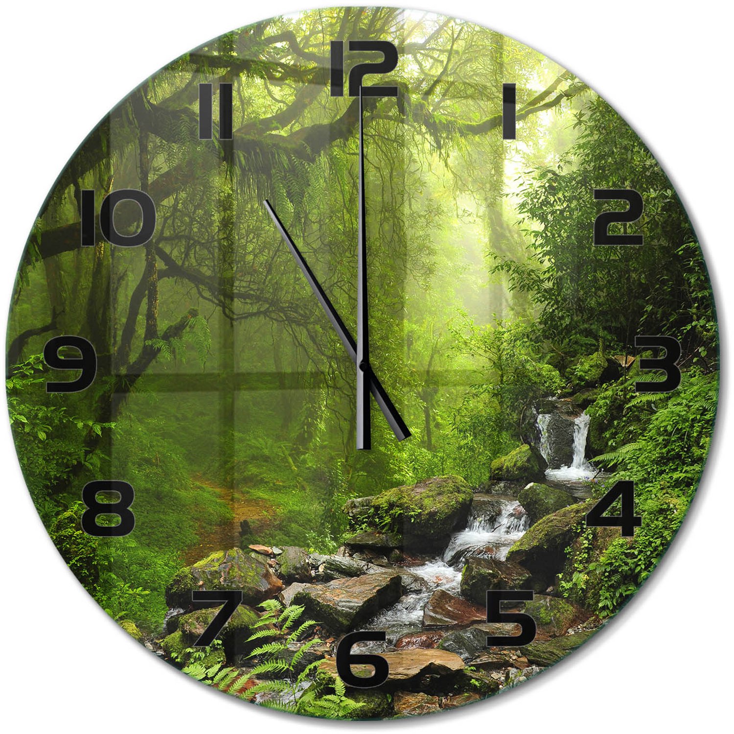 TULUP Wandklok - Oerwoud in Nepal Decoratieve Glazen Klok - fi60 cm - Groente Glazen Wandklok Design - Zwarte handen - Ronde Klok - Glazen Klok Met Print - Wandklok Glas Met Motief
