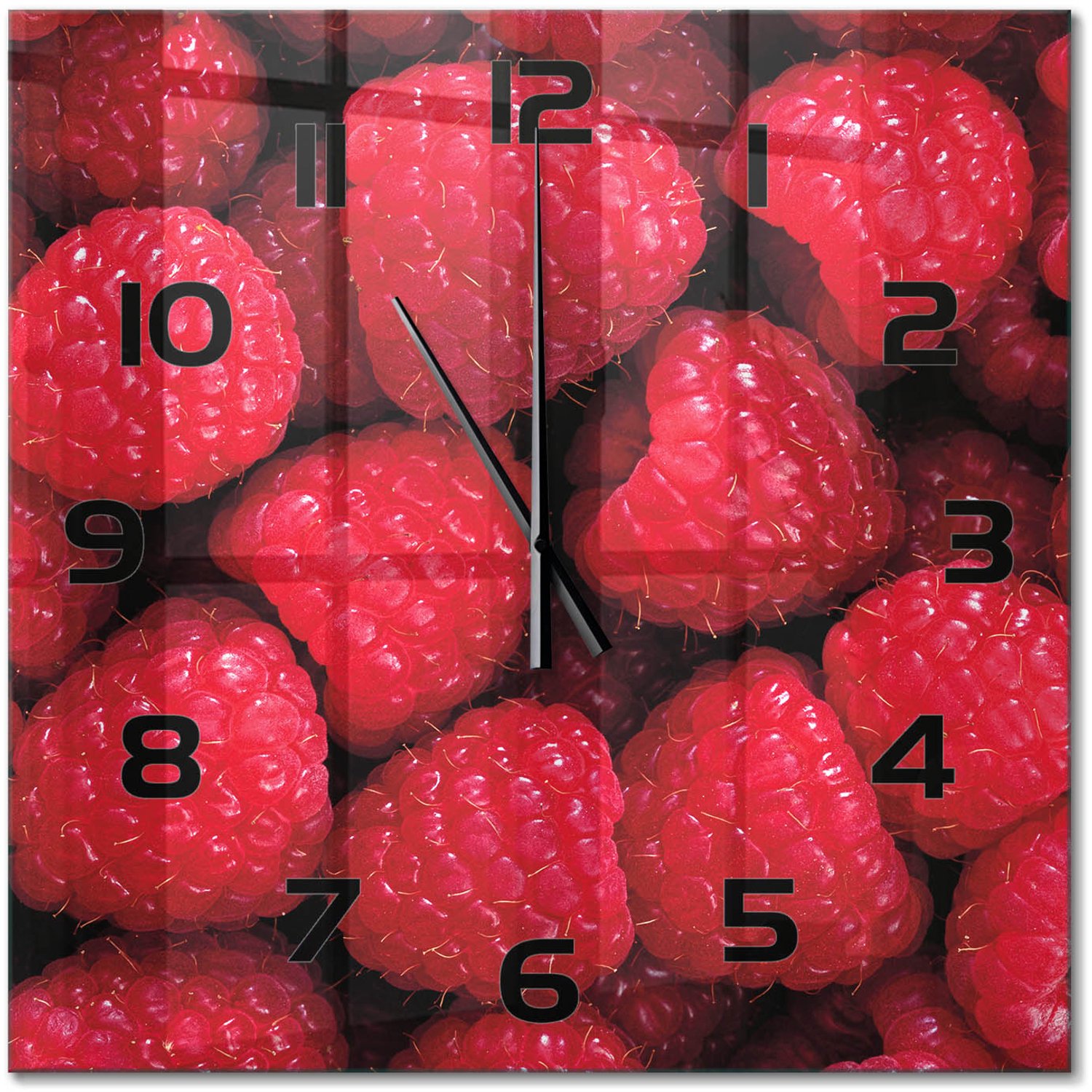 TULUP Wandklok - Frambozen Glazen Wandklok Design - 60x60 cm - Rood Klok Glas Met Opdruk - Zwarte handen - Vierkante Klok - Wandklok Glas Met Motief - Decoratieve Glazen Klok