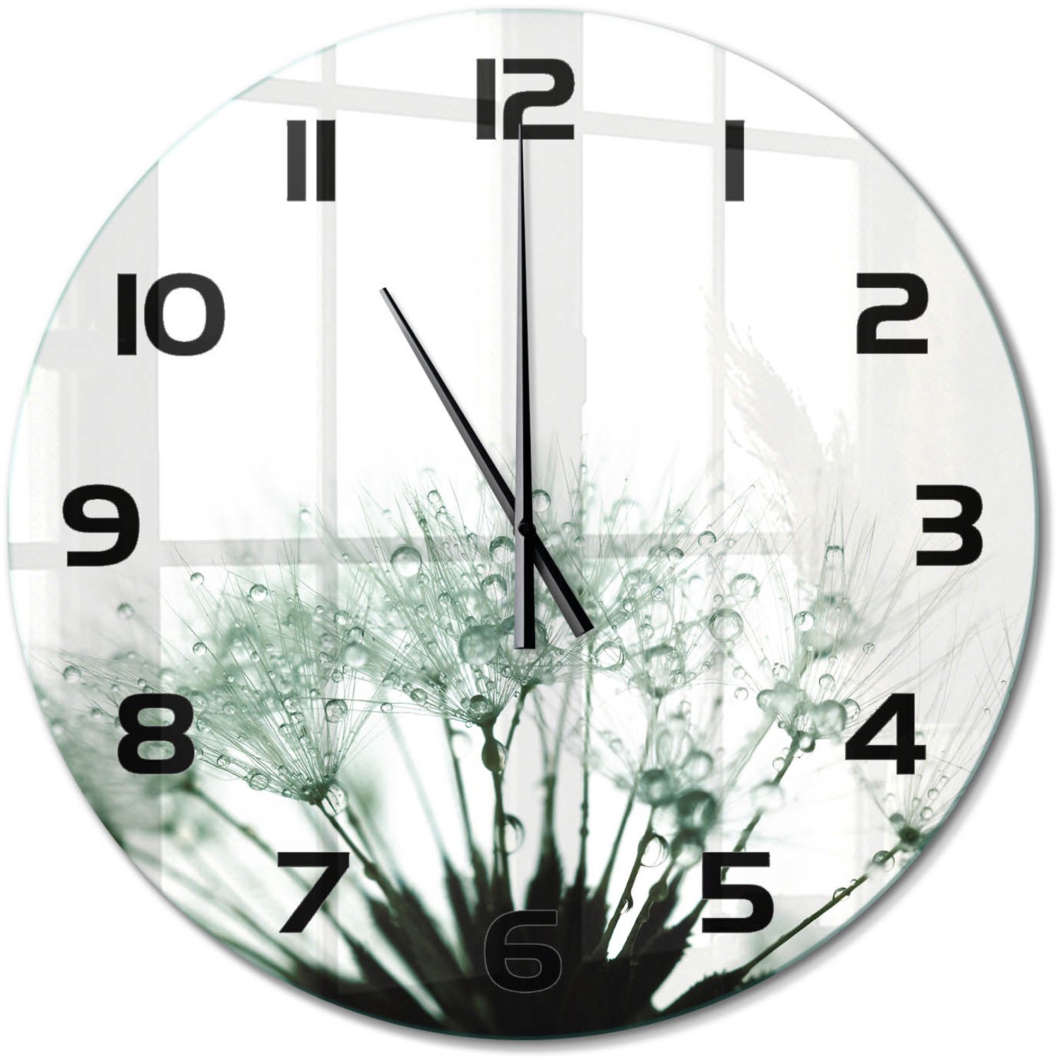 TULUP Wandklok - Paardenbloemzaden Decoratieve Glazen Klok - fi60 cm - Wit Glazen Wandklok Design - Zwarte handen - Ronde Klok - Glazen Klok Met Print - Wandklok Glas Met Motief