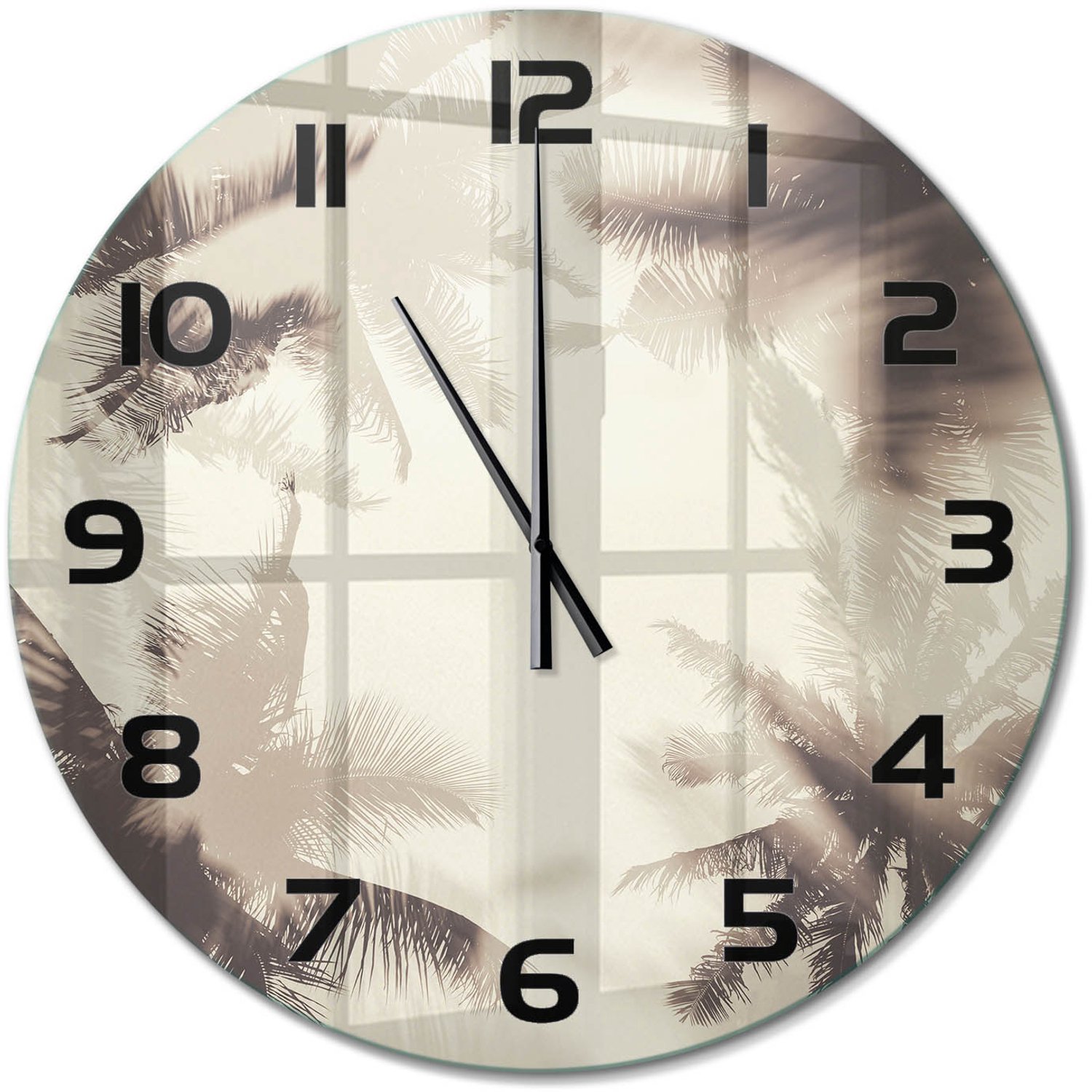 TULUP Wandklok - Palmbomen Klok Glas Met Opdruk - fi60 cm - Beige Moderne Wandklok Glas - Zwarte handen - Ronde Klok - Decoratieve Glazen Klok - Glazen Wandklok Design