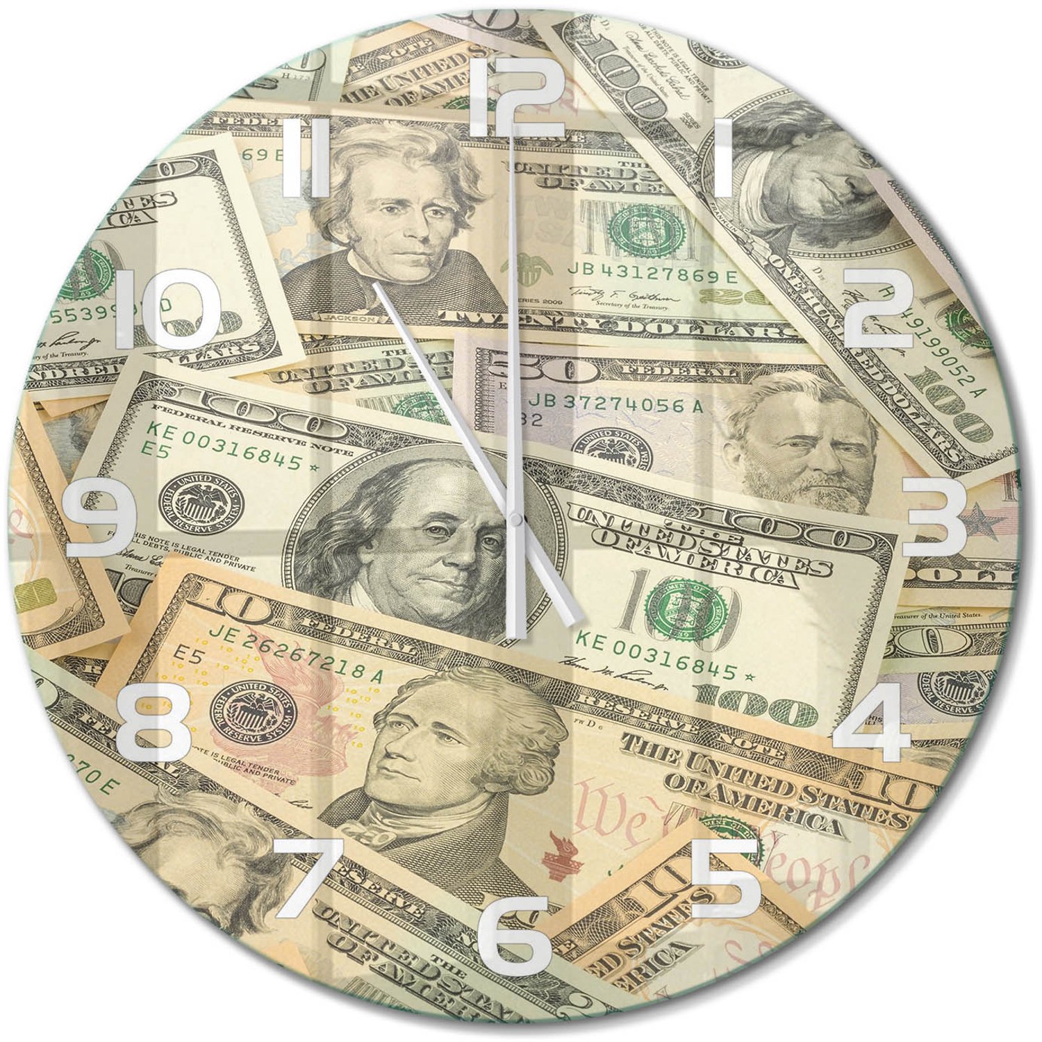 TULUP Wandklok - Dollarbankbiljetten Wandklok Glas Decoratie - fi60 cm - Beige Gekleurde Glazen Klok - Witte handen - Ronde Klok - Klok Glas Met Opdruk - Moderne Wandklok Glas