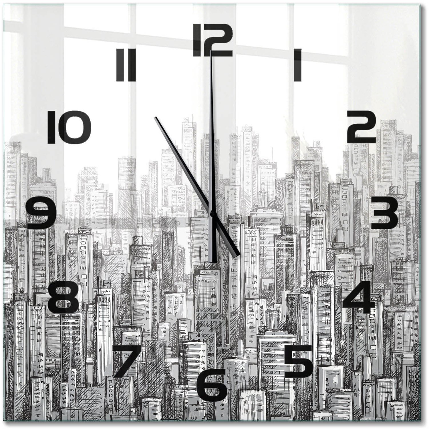 TULUP Wandklok - Wolkenkrabber Gekleurde Glazen Klok - 60x60 cm - Grijs Glazen Klok Met Print - Zwarte handen - Vierkante Klok - Moderne Wandklok Glas - Wandklok Glas Decoratie